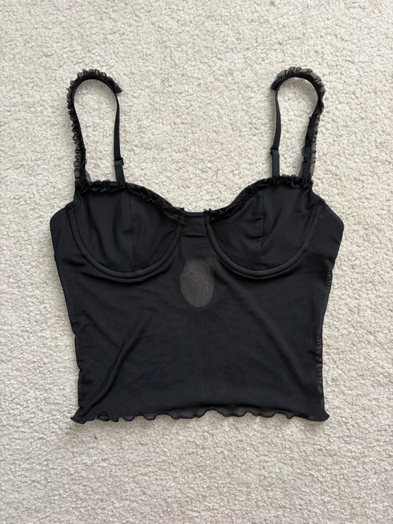 Edikted Tops - Edikted Black Mesh Tank Top with Ruffle Trim